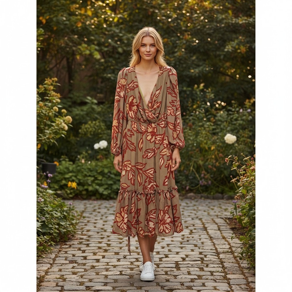 Flying Tomato oversizd S midi olive green floral long sleeve boho praire dress H